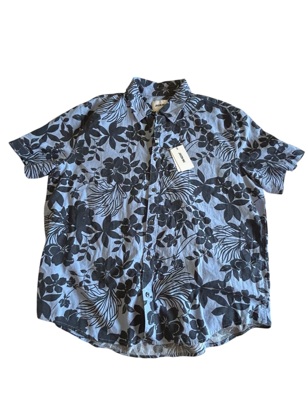 Jason Wu Light Blue Short-Sleeve Floral Button-Down Shirt with Blue Print
